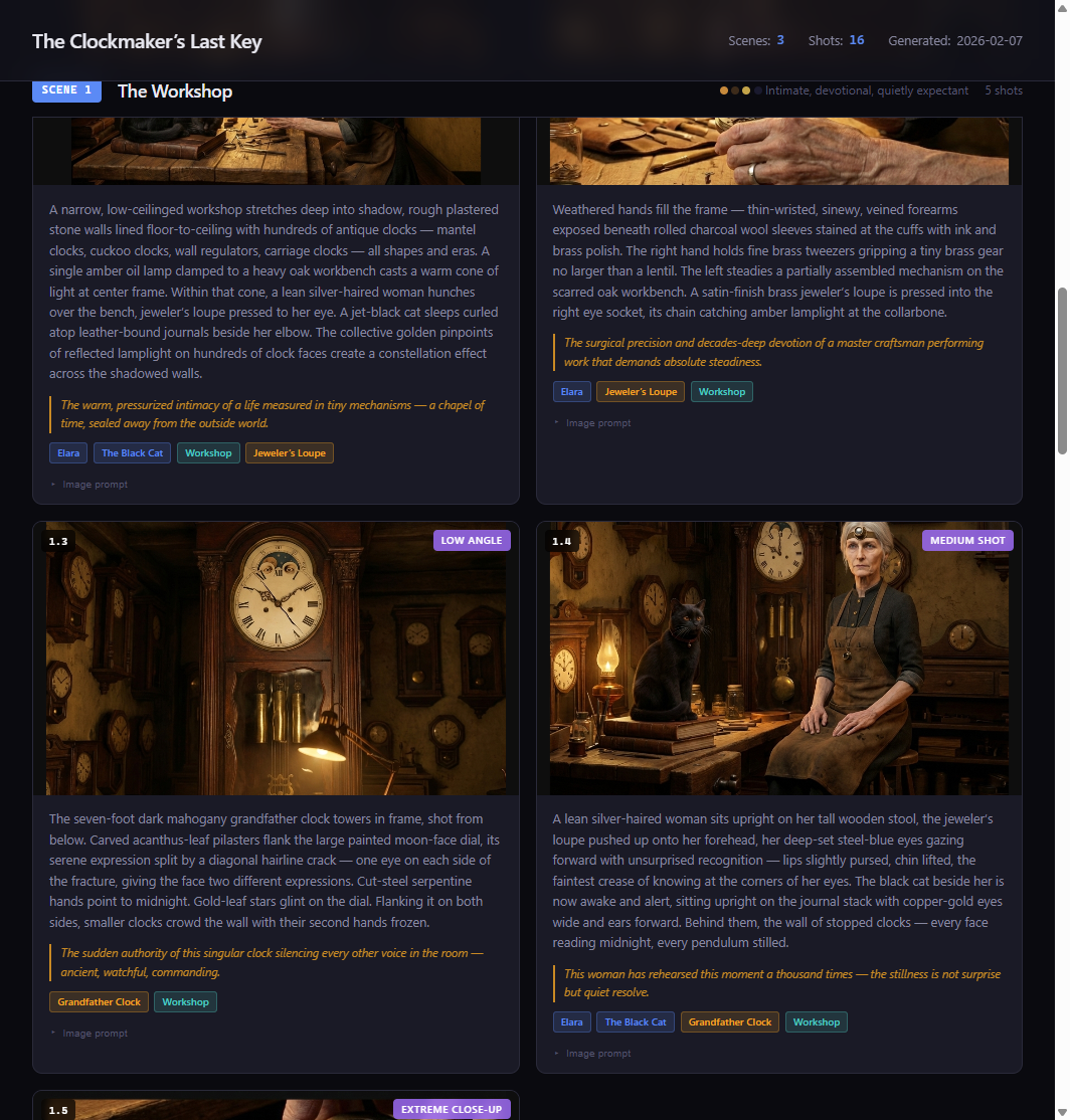 Individual shot cards with camera types and visual descriptions